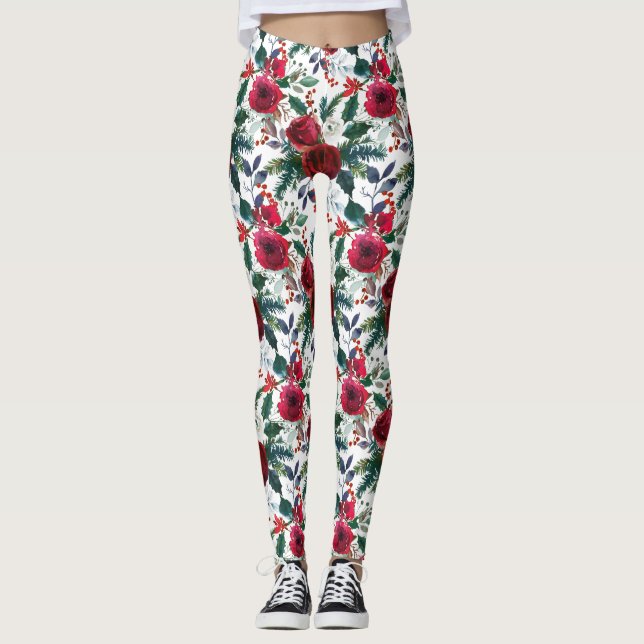 Wasserfarben Burgund Winter Blume Weihnachten Leggings (Vorderseite)