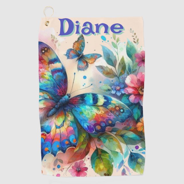 Wasserfarben Butterfly Blumengarten Personalisiert Golfhandtuch (Vorderseite)