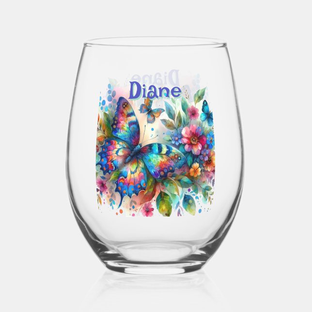Wasserfarben Butterfly Blumengarten Personalisiert Weinglas Ohne Stiel (Vorderseite)