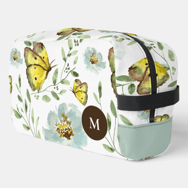 Wasserfarben-Butterfly-Blumenmuster Mit Monogramm Waschbeutel (Linke Seite)