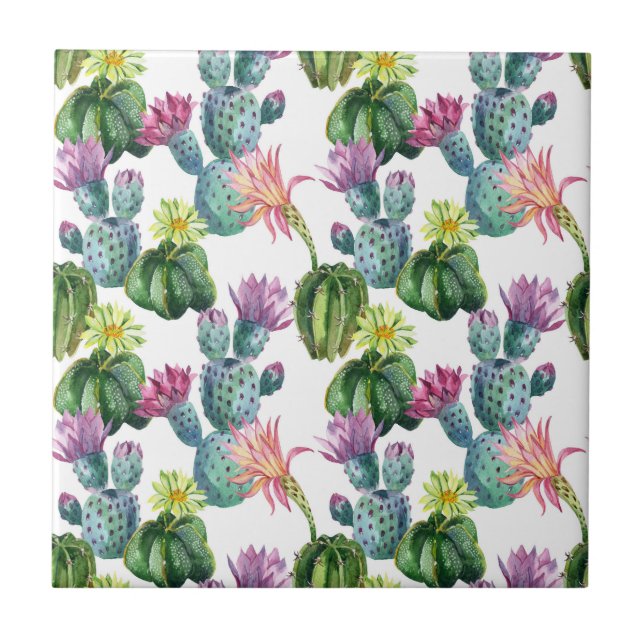 Wasserfarben Cacti Art Muster Fliese (Vorderseite)