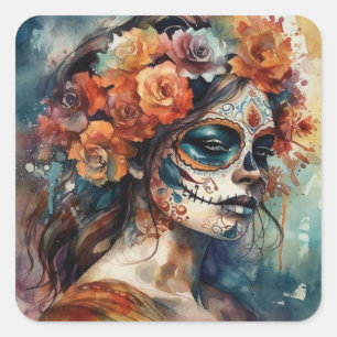 Wasserfarben-Catrina Dia de los Muertos Zucker-Sch Quadratischer Aufkleber
