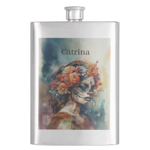 Wasserfarben-Catrina-Dia-de-los-Muertos-Zuckerschä Flachmann