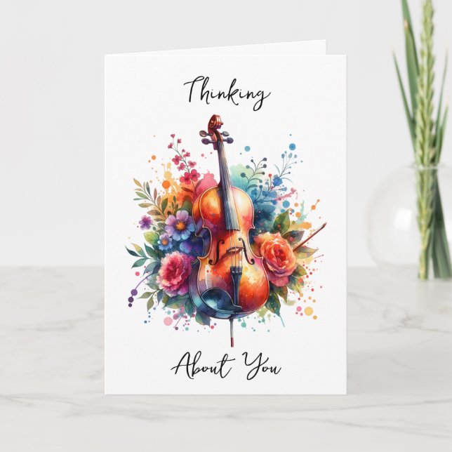 Wasserfarben Cello und Blumen denken über Sie Karte (Vorderseite)
