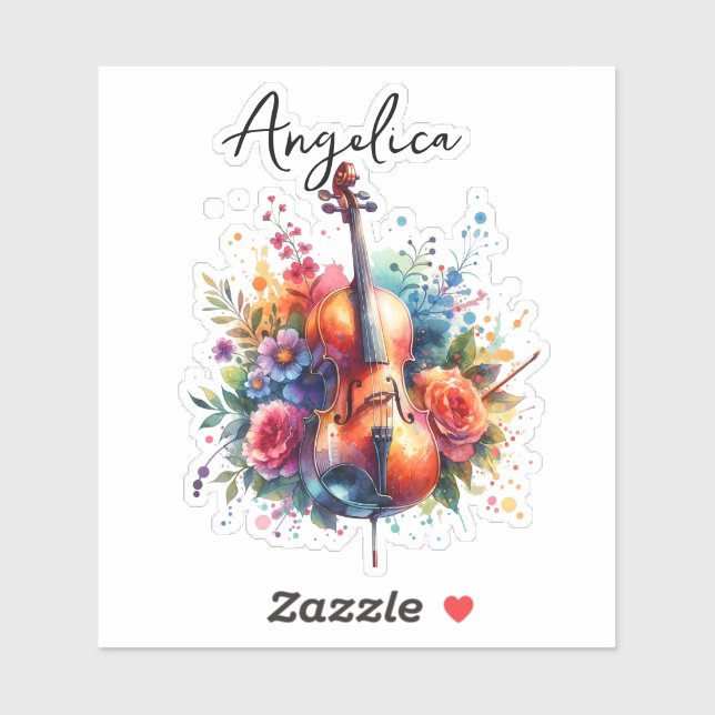 Wasserfarben Cello und Blumen Persönlich Aufkleber (Blatt)