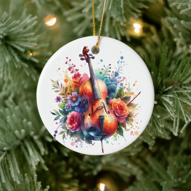Wasserfarben Cello und Blumen Persönlich Keramik Ornament (Baum)