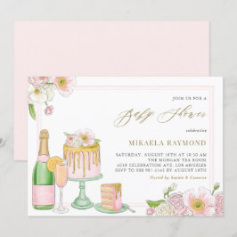 Wasserfarben-Champagner und Cake Floral-Baby-Dusch Einladung
