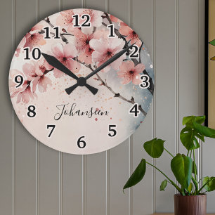 Wasserfarben Cherry Blossom Moderne Mädchenschrift Runde Wanduhr
