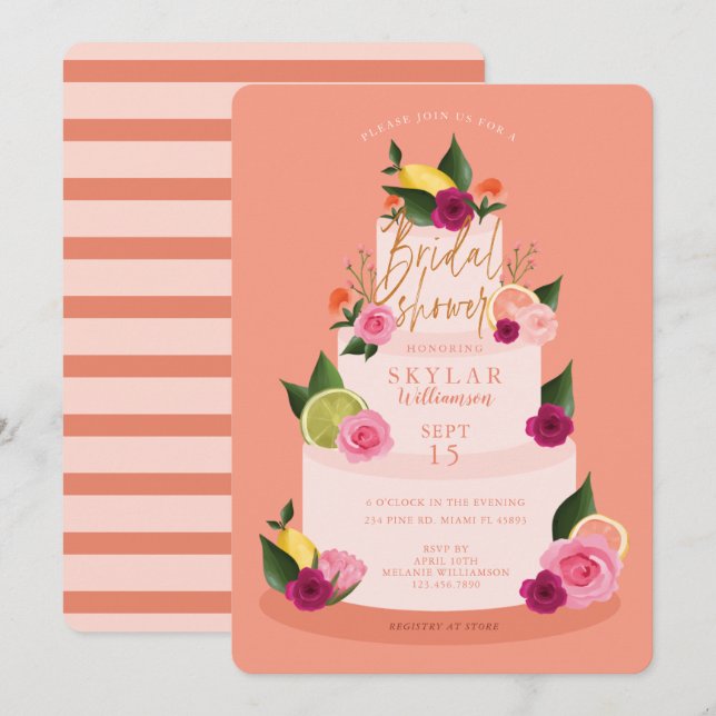 Wasserfarben-Citus Floral 3 Tier-Kuchen-Brautparty Einladung (Vorne/Hinten)