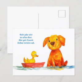 Wasserfarben Comic Hund Watching Duck in Boat Feiertagspostkarte