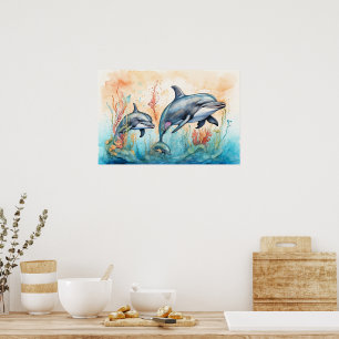 Wasserfarben-Delfine-Kunstposter Poster