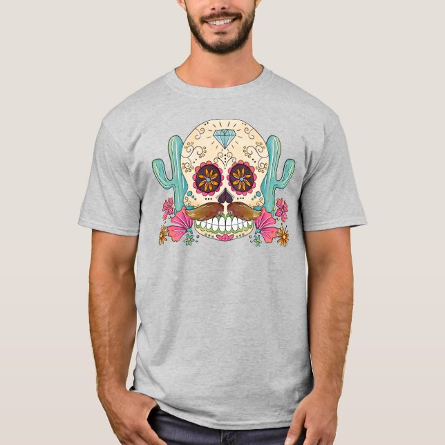 Wasserfarben Dia de los Muertos Skull & Cactus T-Shirt (Vorderseite)