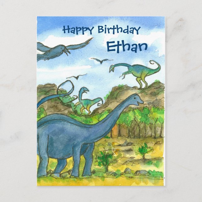 Wasserfarben Dinosaurier Happy Birthday Individuel Postkarte (Vorderseite)