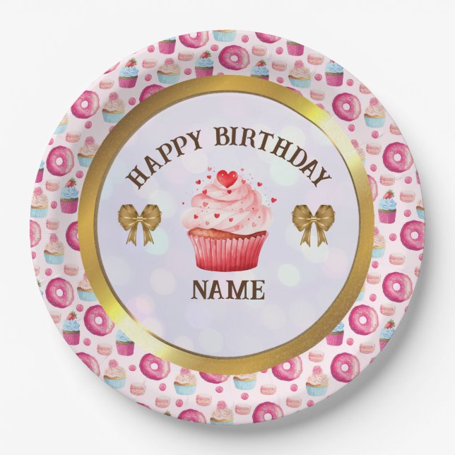 Wasserfarben Donut und Cupcake Happy Birthday Part Pappteller (Vorderseite)