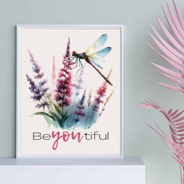 Wasserfarben-Dragonfly Blüte Sei du Inspirier-Zita Poster (Watercolor Dragonfly Floral Be You Inspirational Quote Poster)