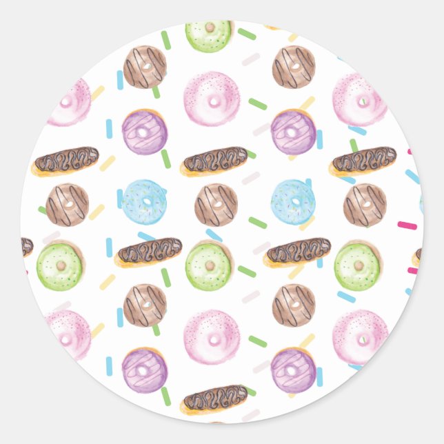 Wasserfarben-Eclairs Donuts Fun Whimiscal Sweet Runder Aufkleber (Vorderseite)