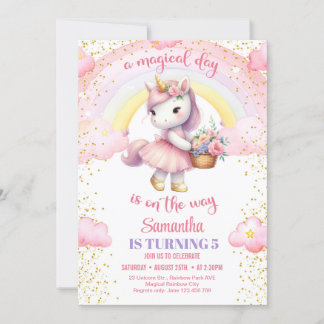 Wasserfarben Einhorn mit Tutu Kleid und Blume 5. Einladung