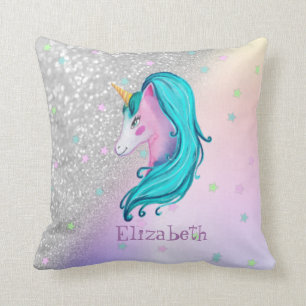 Wasserfarben-Einhorn, Sterne, Silber-Glitter-Bokeh Kissen