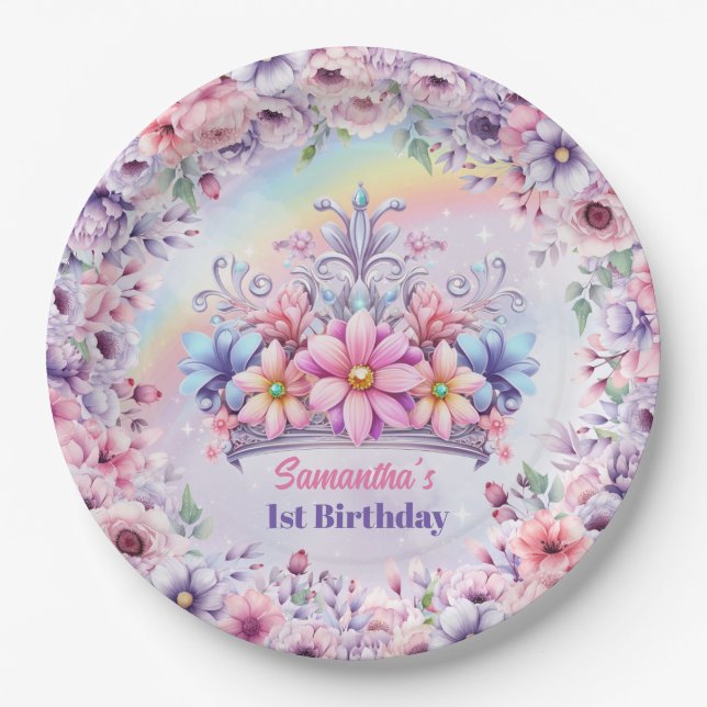 Wasserfarben Einhorn und Märchenprinzessin Tiara Pappteller (Vorderseite)