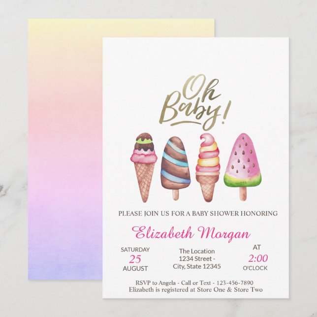 Wasserfarben Eiscreme Oh Baby Summer Baby Dusche Einladung (Vorne/Hinten)