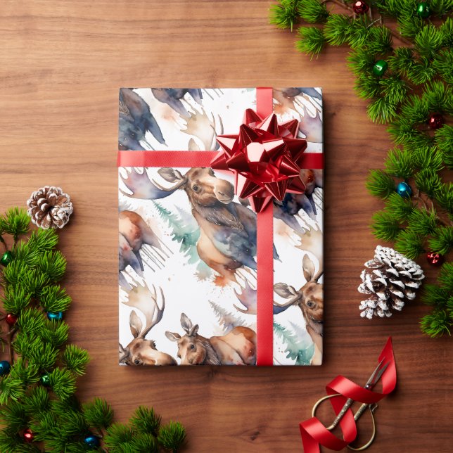 Wasserfarben Elche Winter Tierwelt Art: Geschenkpapier (Feiertagsgeschenk)