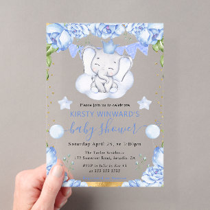 Wasserfarben-Elefant und Blue Rose Babydusche Acryleinladungen