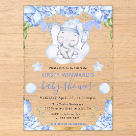 Wasserfarben-Elefant und Blue Rose Babydusche Acryleinladungen
