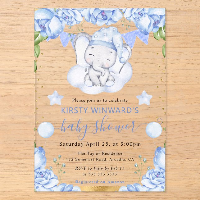 Wasserfarben-Elefant und Blue Rose Babydusche Acryleinladungen (Vorderseite)