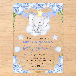 Wasserfarben-Elefant und Blue Rose Babydusche Acryleinladungen