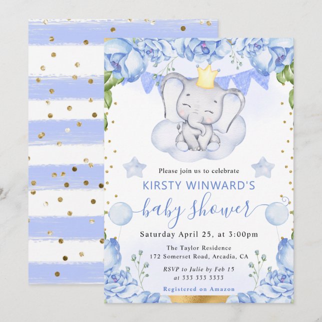 Wasserfarben-Elefant und Blue Rose Babydusche Einladung (Vorne/Hinten)