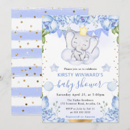 Wasserfarben-Elefant und Blue Rose Babydusche Einladung