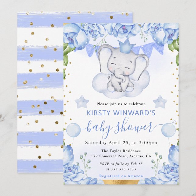 Wasserfarben-Elefant und Blue Rose Babydusche Einladung (Vorne/Hinten)