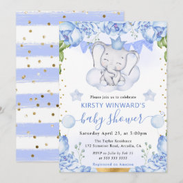 Wasserfarben-Elefant und Blue Rose Babydusche Einladung