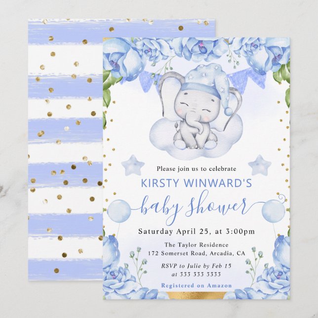 Wasserfarben-Elefant und Blue Rose Babydusche Einladung (Vorne/Hinten)