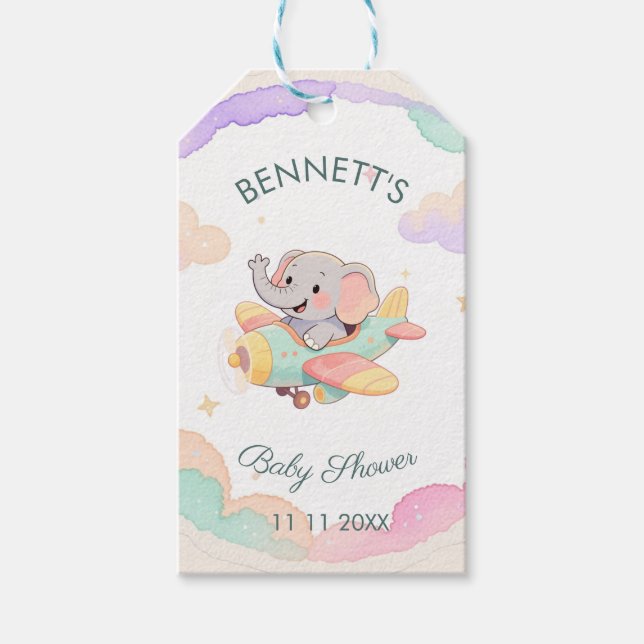 Wasserfarben-Elefanten-Flugzeug-Baby-Shower-Gesche Geschenkanhänger (Vorderseite)