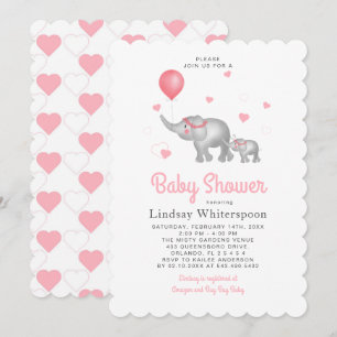 Wasserfarben-Elefanten & Pink Heart Girl Babydusch Einladung