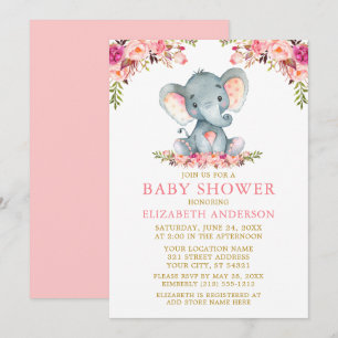 Wasserfarben Elephant Baby Dusche Rosa Blütengoldf Einladung