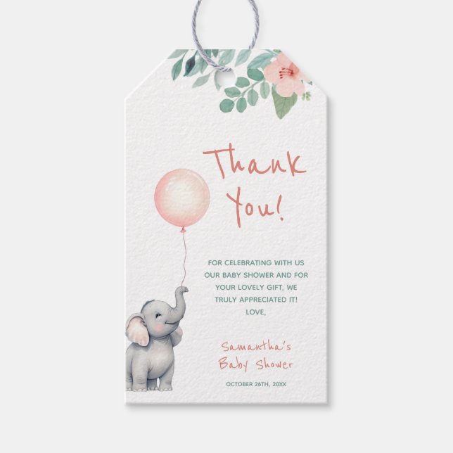 Wasserfarben Elephant Pink Floral Girl Babydusche Geschenkanhänger (Vorderseite)