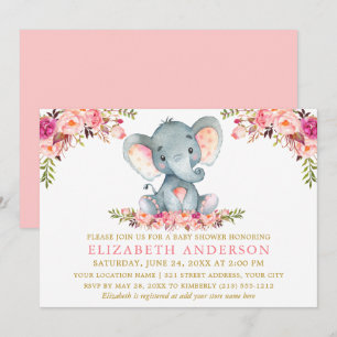 Wasserfarben Elephant Pink Floral Gold Baby Dusche Einladung