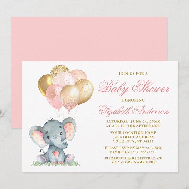 Wasserfarben Elephant Pink Gold Balloons Babydusch Einladung (Vorne/Hinten)