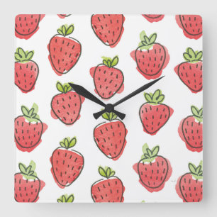 Wasserfarben Erdbeeren Quadratische Wanduhr