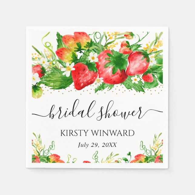 Wasserfarben Erdbeeren und Blume Brautparty Serviette (Vorderseite)