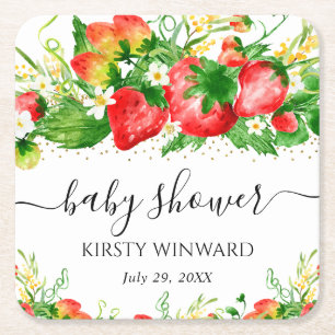 Wasserfarben Erdbeeren und Blume Kinderdusche Rechteckiger Pappuntersetzer