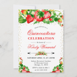 Wasserfarben Erdbeeren und Blume Quinceanera Einladung
