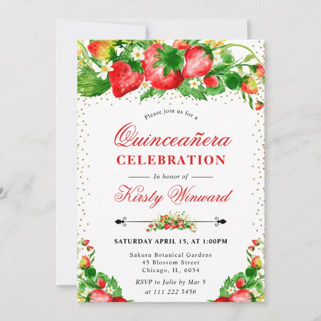 Wasserfarben Erdbeeren und Blume Quinceanera Einladung (Vorderseite)