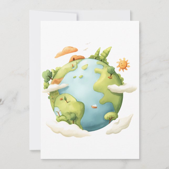 Wasserfarben Erde - Cartoon Erde mit Naturelemente Einladung (Vorderseite)