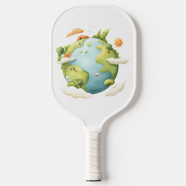 Wasserfarben Erde - Cartoon Erde mit Naturelemente Pickleball Schläger (Vorderseite)