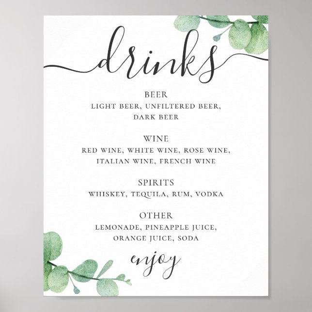 Wasserfarben-Eukalyptus. alkoholische Getränke Hoc Poster (Vorne)