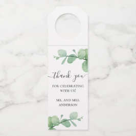 Wasserfarben-Eukalyptus. Elegante Hochzeit danke Flaschenanhänger