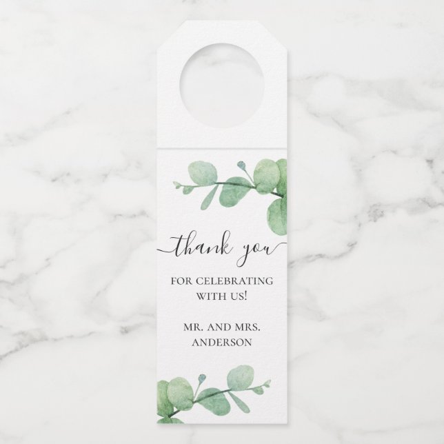 Wasserfarben-Eukalyptus. Elegante Hochzeit danke Flaschenanhänger (Vorderseite)